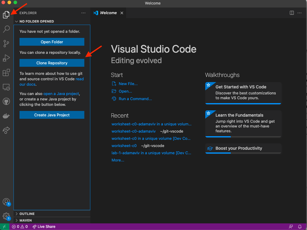 VScode New Window, Explore, Clone Repository